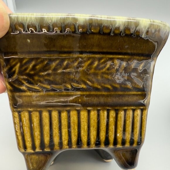 Vintage Hull Pottery USA Set of 2 Brown Green Drip Glaze Ceramic Planters MCM - Picture 13 of 16
